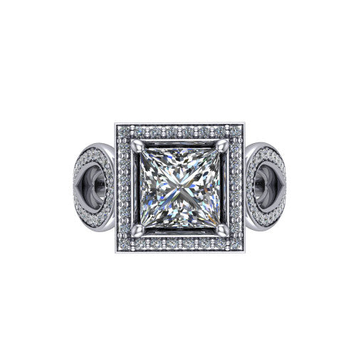 Leighton princess halo engagement ring in 14K White Gold with squared pavé halo and open-loop split shank, top-down view of the squared halo and bezel side accents