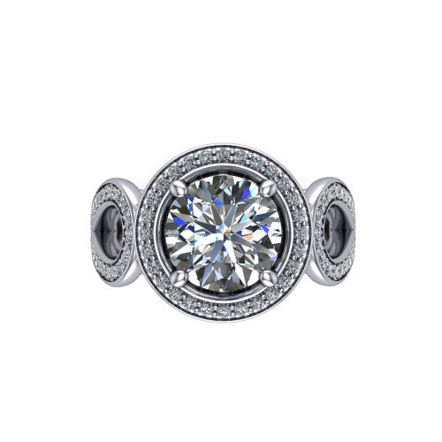Leighton round halo engagement ring in Platinum with squared pavé halo and open-loop split shank, top-down view of the squared halo and bezel side accents