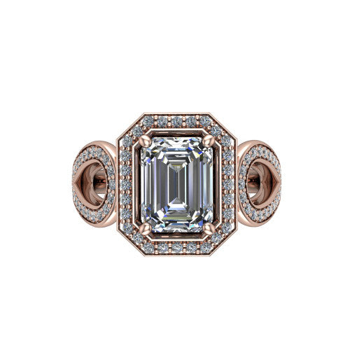 Leighton emerald halo engagement ring in 14K Rose Gold with squared pavé halo and open-loop split shank, top-down view of the squared halo and bezel side accents