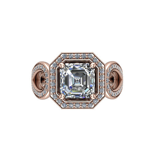 Leighton asscher halo engagement ring in 18K Rose Gold with squared pavé halo and open-loop split shank, top-down view of the squared halo and bezel side accents