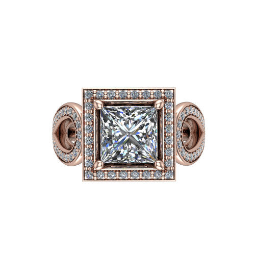 Leighton princess halo engagement ring in 14K Rose Gold with squared pavé halo and open-loop split shank, top-down view of the squared halo and bezel side accents