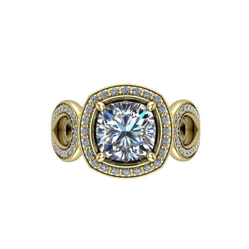 Leighton cushion halo engagement ring in 18K Yellow Gold with squared pavé halo and open-loop split shank, top-down view of the squared halo and bezel side accents