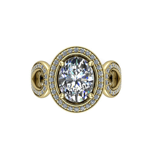 Leighton oval halo engagement ring in 18K Yellow Gold with squared pavé halo and open-loop split shank, top-down view of the squared halo and bezel side accents