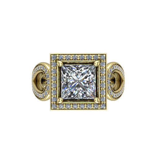 Leighton princess halo engagement ring in 18K Yellow Gold with squared pavé halo and open-loop split shank, top-down view of the squared halo and bezel side accents