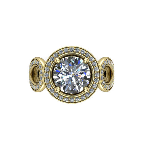 Leighton round halo engagement ring in 14K Yellow Gold with squared pavé halo and open-loop split shank, top-down view of the squared halo and bezel side accents
