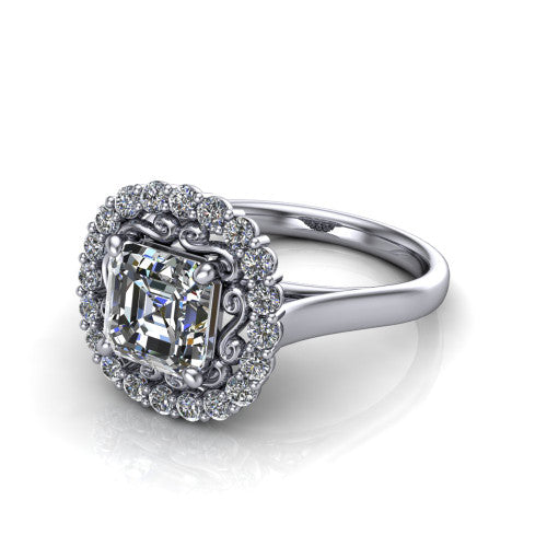 Alayah Square Emerald Shape Halo Engagement Ring in 18K White Gold