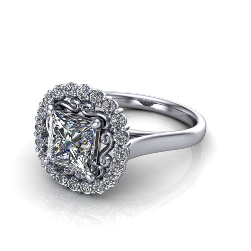 Alayah Princess Shape Halo Engagement Ring in Platinum
