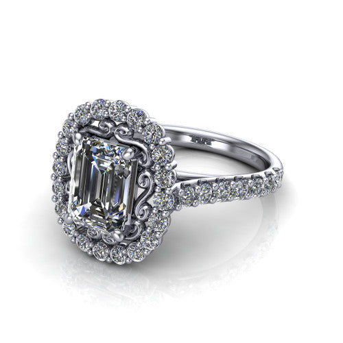 Viviana Emerald Shape Halo Engagement Ring in Platinum