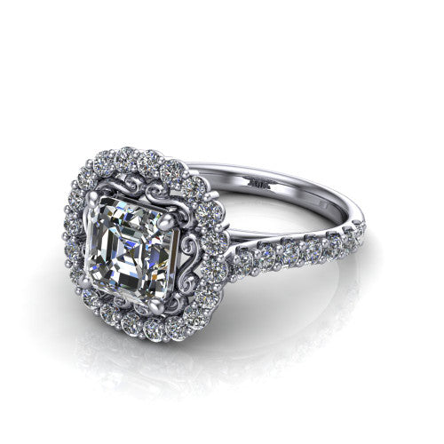 Viviana Square Emerald Shape Halo Engagement Ring in Platinum
