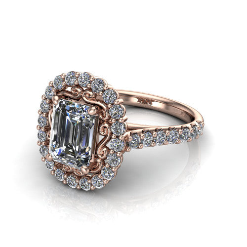 Viviana Emerald Shape Halo Engagement Ring in 18K Rose Gold