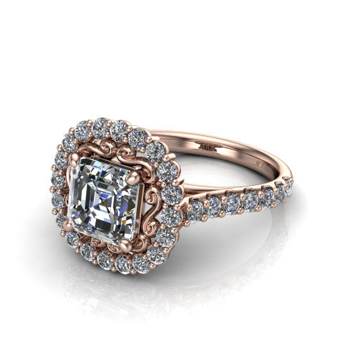 Viviana Square Emerald Shape Halo Engagement Ring in 14K Rose Gold