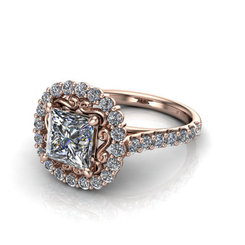 Viviana Princess Shape Halo Engagement Ring in 14K Rose Gold