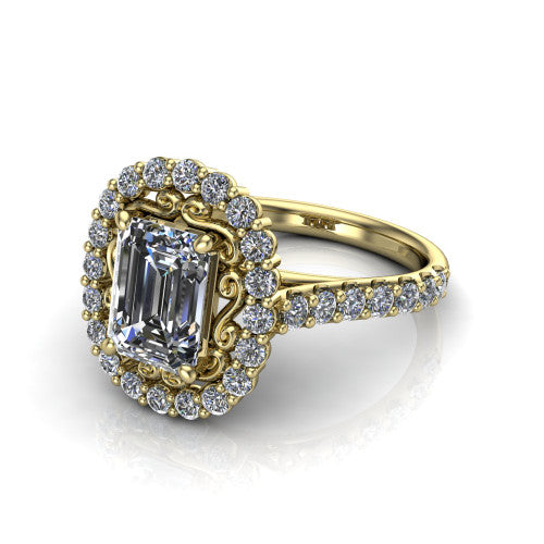 Viviana Emerald Shape Halo Engagement Ring in 14K Yellow Gold