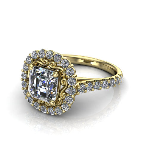 Viviana Square Emerald Shape Halo Engagement Ring in 18K Yellow Gold