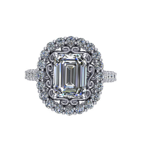 Viviana Emerald Shape Halo Engagement Ring in 18K White Gold