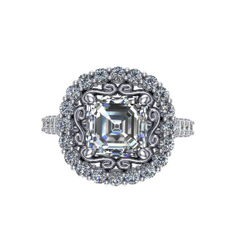 Viviana Square Emerald Shape Halo Engagement Ring in 18K White Gold