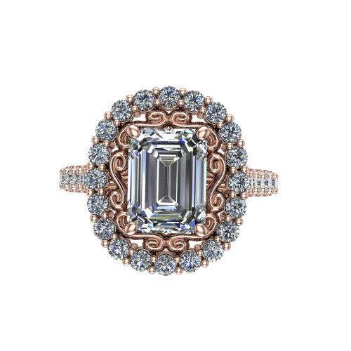 Viviana Emerald Shape Halo Engagement Ring in 14K Rose Gold