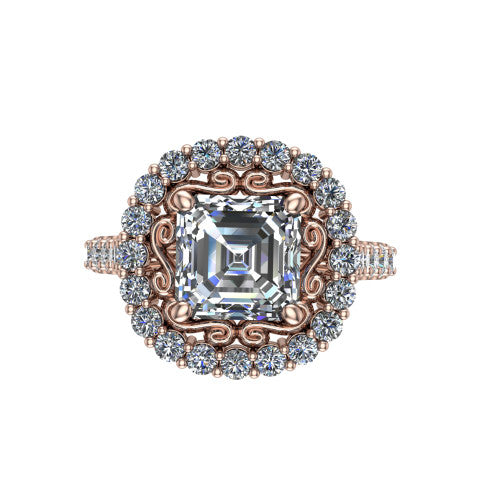 Viviana Square Emerald Shape Halo Engagement Ring in 14K Rose Gold