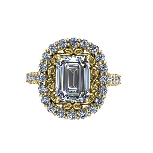 Viviana Emerald Shape Halo Engagement Ring in 14K Yellow Gold