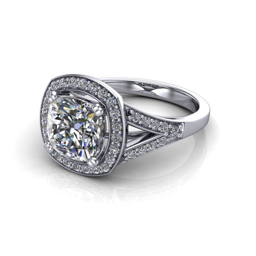 Reign cushion halo engagement ring in 18K White Gold with bold squared pavé halo and split shank, three-quarter perspective view