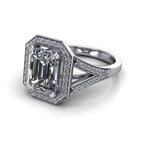 Reign emerald halo engagement ring in 18K White Gold with bold squared pavé halo and split shank, three-quarter perspective view