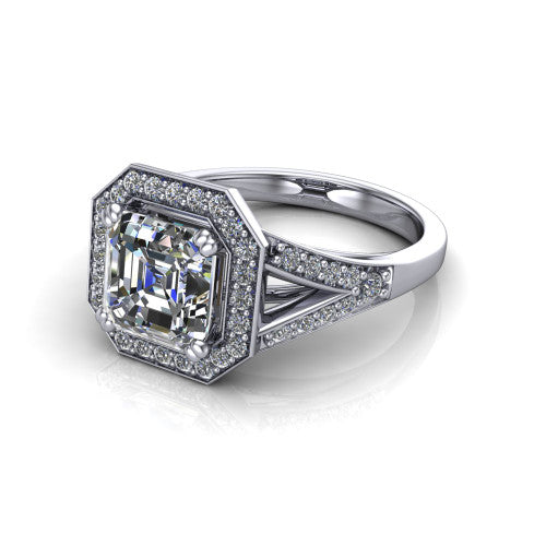 Reign asscher halo engagement ring in Platinum with bold squared pavé halo and split shank, three-quarter perspective view