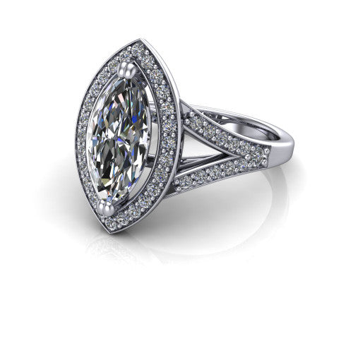 Reign marquise halo engagement ring in 18K White Gold with bold squared pavé halo and split shank, three-quarter perspective view