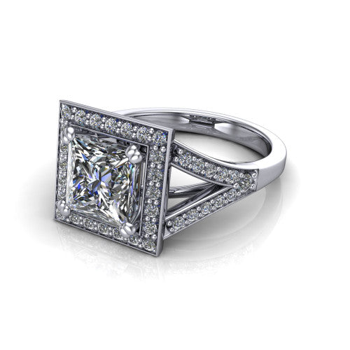 Reign princess halo engagement ring in 18K White Gold with bold squared pavé halo and split shank, three-quarter perspective view