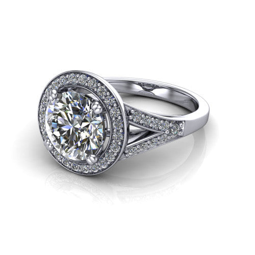 Reign round halo engagement ring in 14K White Gold with bold squared pavé halo and split shank, three-quarter perspective view