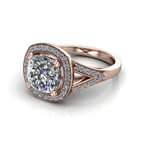 Reign cushion halo engagement ring in 18K Rose Gold with bold squared pavé halo and split shank, three-quarter perspective view