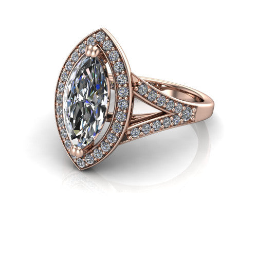 Reign marquise halo engagement ring in 14K Rose Gold with bold squared pavé halo and split shank, three-quarter perspective view