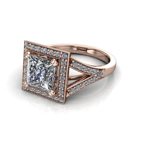 Reign princess halo engagement ring in 18K Rose Gold with bold squared pavé halo and split shank, three-quarter perspective view