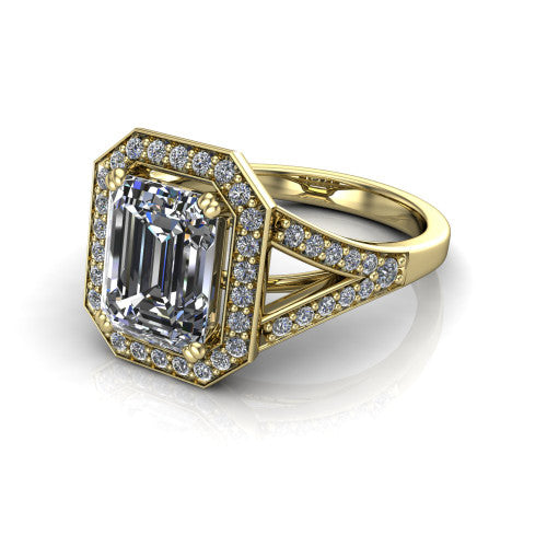 Reign emerald halo engagement ring in 14K Yellow Gold with bold squared pavé halo and split shank, three-quarter perspective view