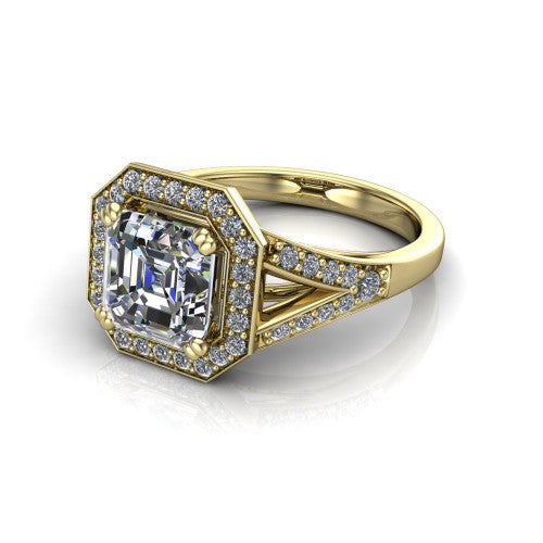 Reign asscher halo engagement ring in 14K Yellow Gold with bold squared pavé halo and split shank, three-quarter perspective view