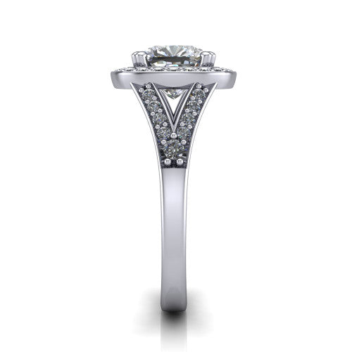 Reign cushion halo engagement ring in 14K White Gold with bold squared pavé halo and split shank, side profile showing the pavé split shank