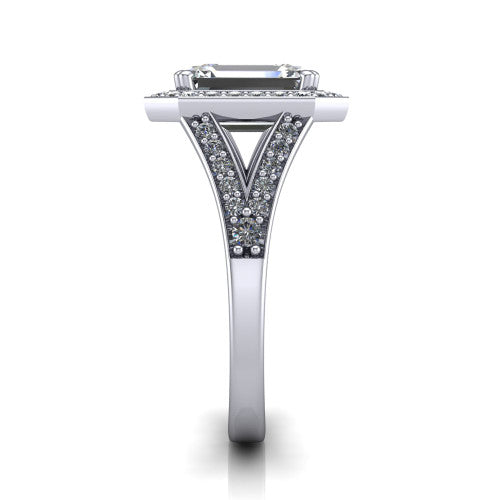 Reign emerald halo engagement ring in 14K White Gold with bold squared pavé halo and split shank, side profile showing the pavé split shank