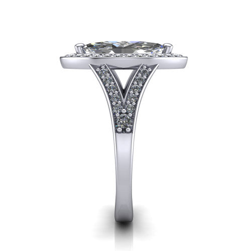 Reign marquise halo engagement ring in 18K White Gold with bold squared pavé halo and split shank, side profile showing the pavé split shank