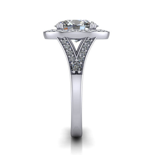 Reign oval halo engagement ring in 14K White Gold with bold squared pavé halo and split shank, side profile showing the pavé split shank