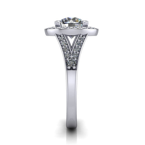 Reign round halo engagement ring in 14K White Gold with bold squared pavé halo and split shank, side profile showing the pavé split shank