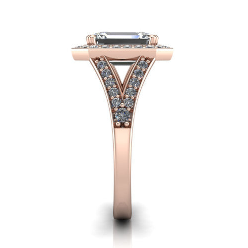 Reign emerald halo engagement ring in 18K Rose Gold with bold squared pavé halo and split shank, side profile showing the pavé split shank