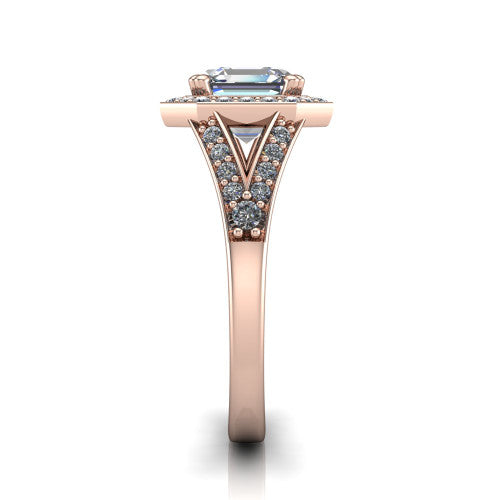 Reign asscher halo engagement ring in 14K Rose Gold with bold squared pavé halo and split shank, side profile showing the pavé split shank
