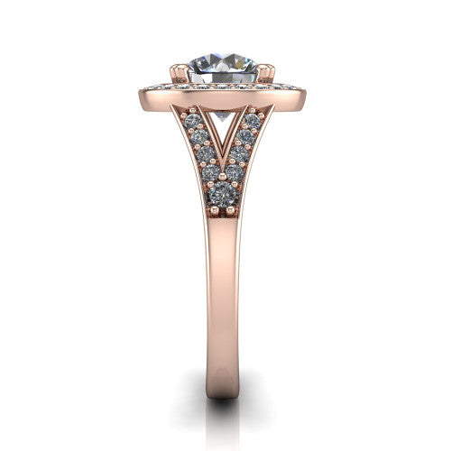 Reign round halo engagement ring in 18K Rose Gold with bold squared pavé halo and split shank, side profile showing the pavé split shank