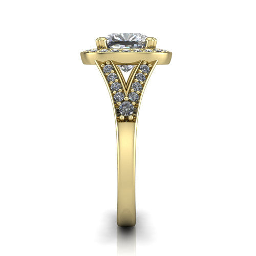 Reign cushion halo engagement ring in 14K Yellow Gold with bold squared pavé halo and split shank, side profile showing the pavé split shank