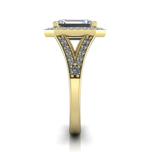 Reign emerald halo engagement ring in 18K Yellow Gold with bold squared pavé halo and split shank, side profile showing the pavé split shank