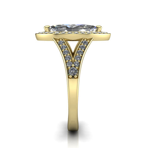 Reign marquise halo engagement ring in 18K Yellow Gold with bold squared pavé halo and split shank, side profile showing the pavé split shank
