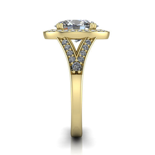 Reign oval halo engagement ring in 18K Yellow Gold with bold squared pavé halo and split shank, side profile showing the pavé split shank