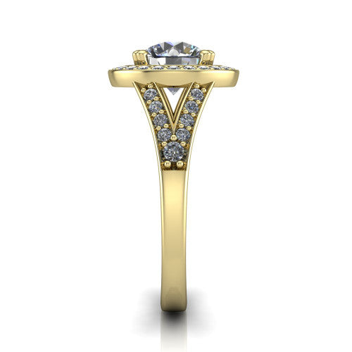 Reign round halo engagement ring in 18K Yellow Gold with bold squared pavé halo and split shank, side profile showing the pavé split shank