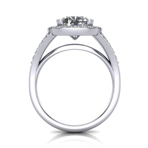 Reign cushion halo engagement ring in 18K White Gold with bold squared pavé halo and split shank, through-finger front profile showing the pavé under-gallery