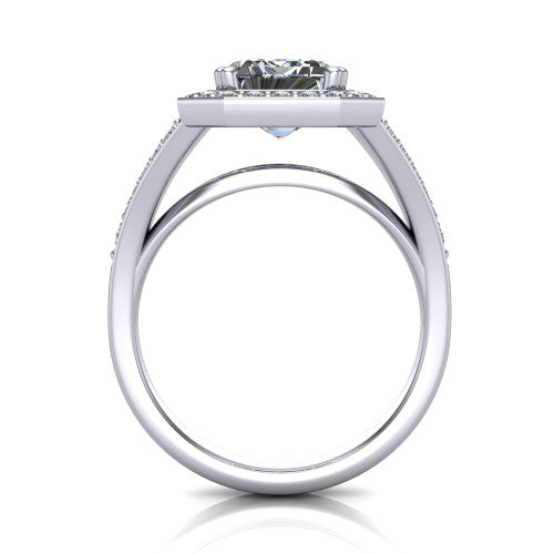 Reign emerald halo engagement ring in 18K White Gold with bold squared pavé halo and split shank, through-finger front profile showing the pavé under-gallery