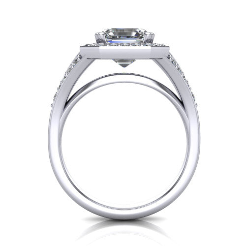 Reign asscher halo engagement ring in 14K White Gold with bold squared pavé halo and split shank, through-finger front profile showing the pavé under-gallery